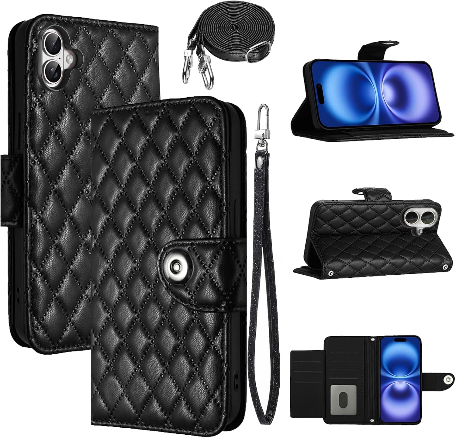 Wallet Case for iPhone 17 6.3 inch with Wrist Strap Shoulder Strap, Argyle Pattern PU Leather Flip Credit Card Holder Stand Cell Phone Cover for i Phone17 i17 17Case Girls Women Black