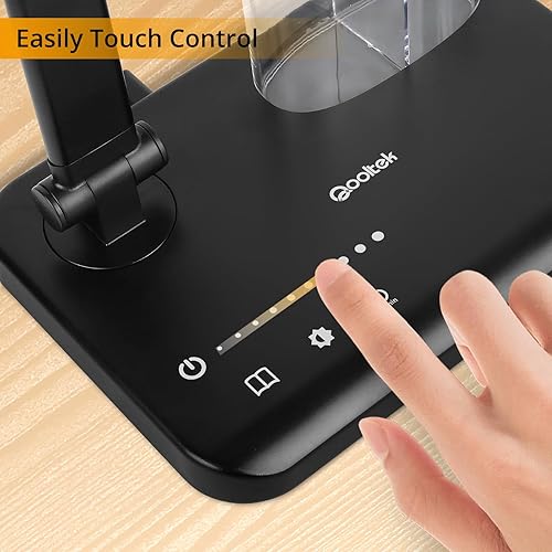 Miniatura 3 de Qooltek Lámpara de escritorio LED con control táctil con doble cabezal ajustable y puerto de carga USB, lámpara de mesa de bajo consumo con soporte