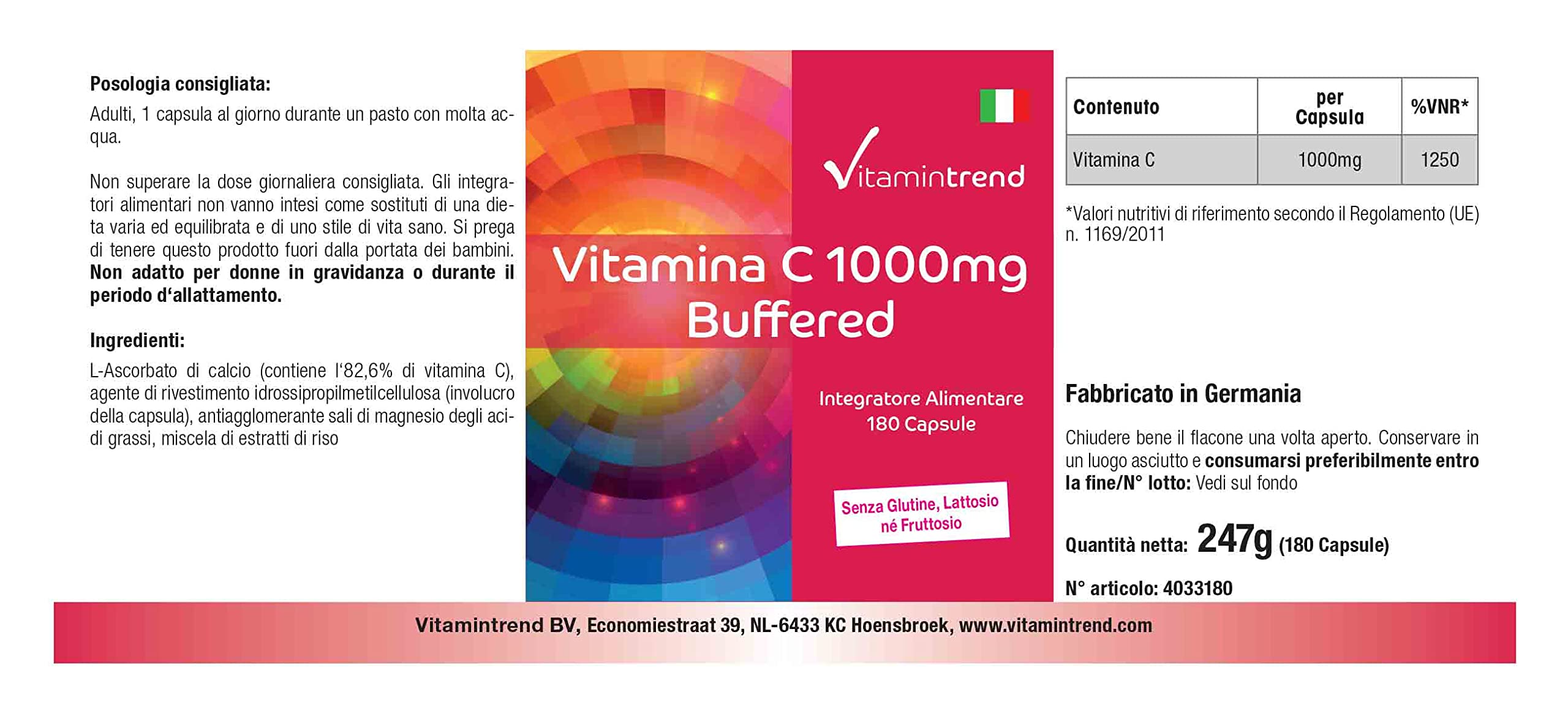 Vitamintrend Vitamin C gepuffert 1000mg, 180 Kapseln, magenschonend, Nahrungsergänzungsmittel vegan ohne Magnesiumstearat, in Deutschland hergestellt (Packung mit 2)