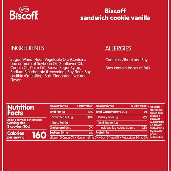 Lotus Biscoff Sandwich Cookies, Vanilla, 22 Biscuits Per Pack, 220 ml