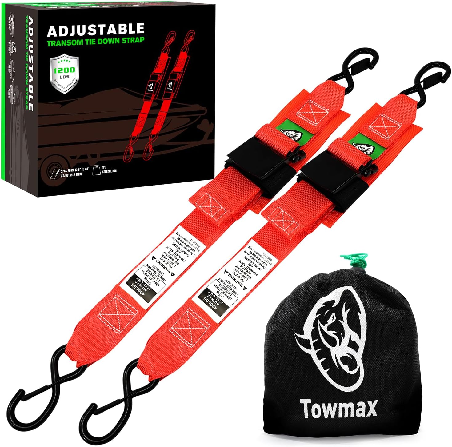 Boat Tie Down Straps to Trailer - 1,200 LBS Boat Straps with Safety Lock - 2" X 48" Adjustable Boat Trailer Strap (2PK) - Boat Straps for Trailers, Jet Ski, Kayak (Red)