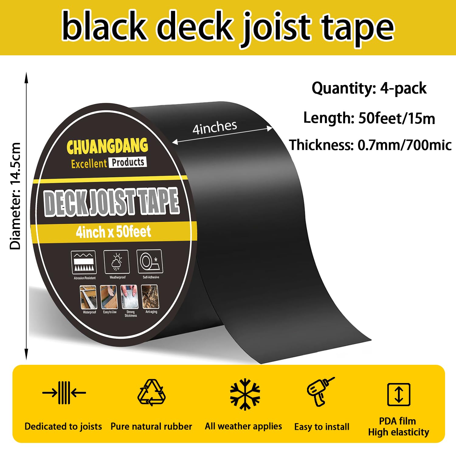 CHUANGDANG Black Joist Tape for Decking,0.7mmx4inx50ft,4-Pack,Anti-Corrosion,Weather-Resistant Butyl,Flashing Tape for Deck,Joist,Roofs Beams,RV,Doors,and Fences,Waterproof Butyl sealant Joist Tapes