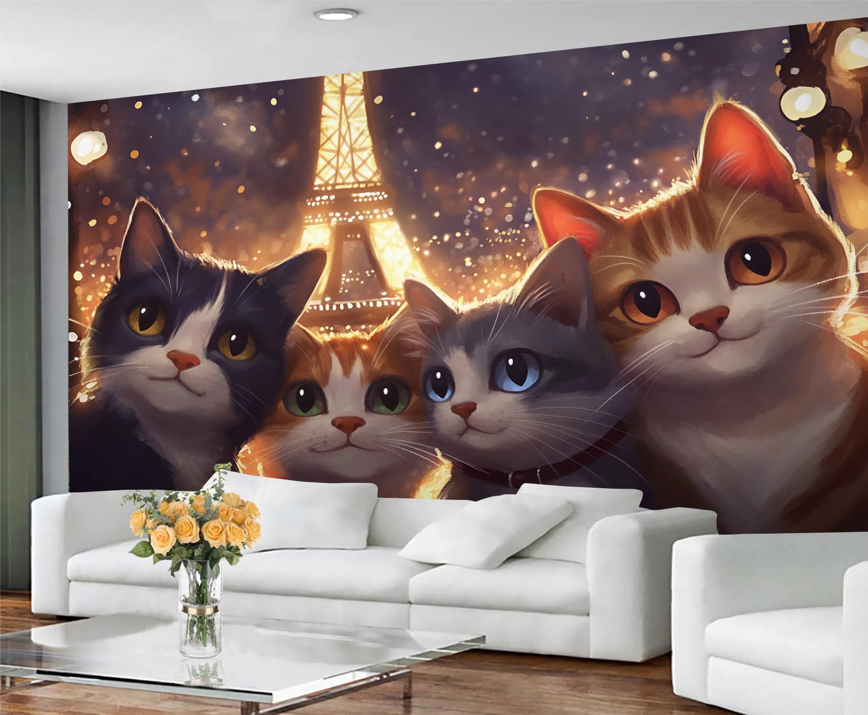 GIVLWF Cat Print Large Mural & Home Decor, Paris Wallpaper for Living Room, Cute Cat Bedroom Wall Paper, Non-Self-Adhesive, Murals for Walls