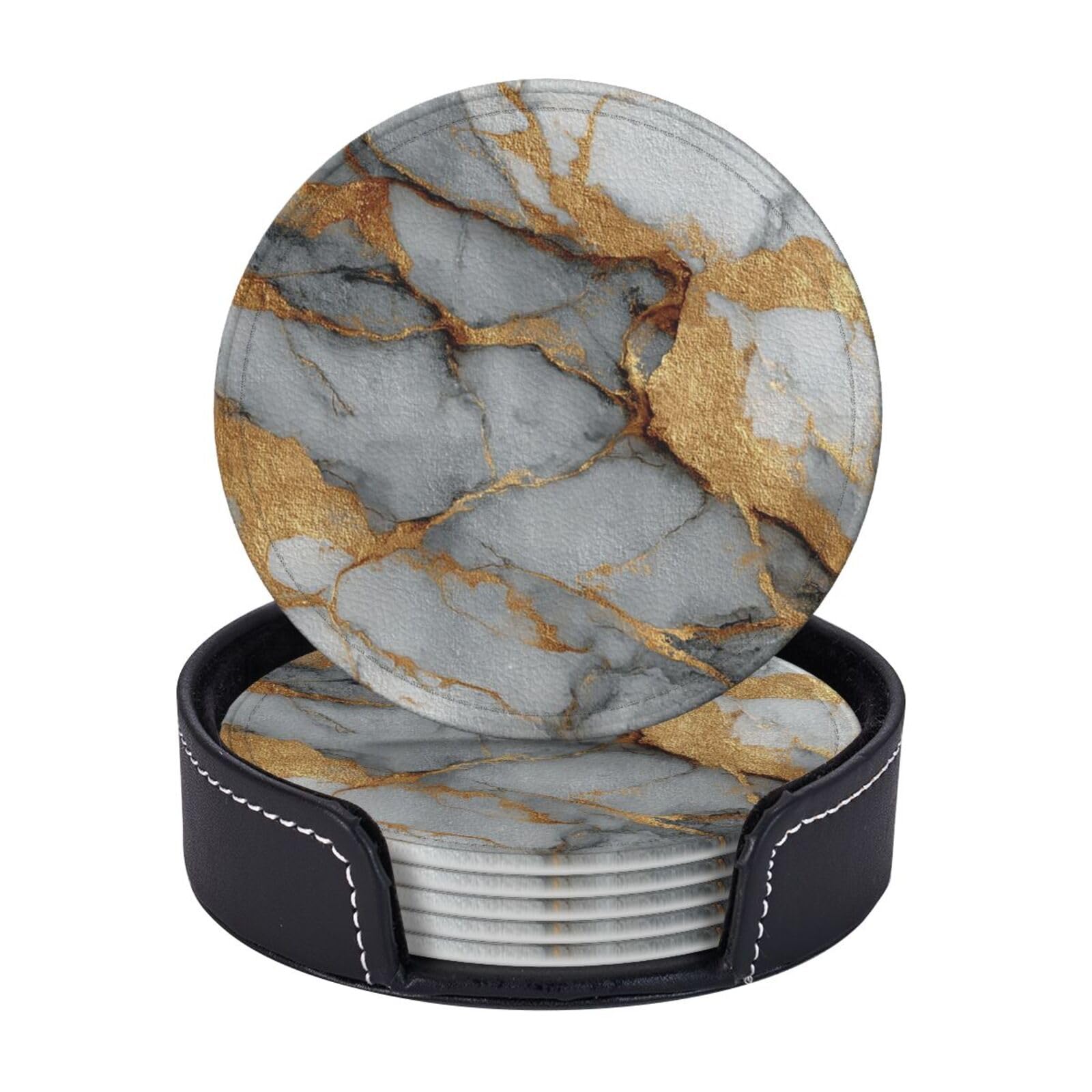 Drink Coasters 6 PCS Round Leather Coaster Marble Texture Print Coasters for Drinks Non-Slip Mugs Pads with Holder Personalized Cups Pad Mat for Coffee Table Kitchen 10 CM