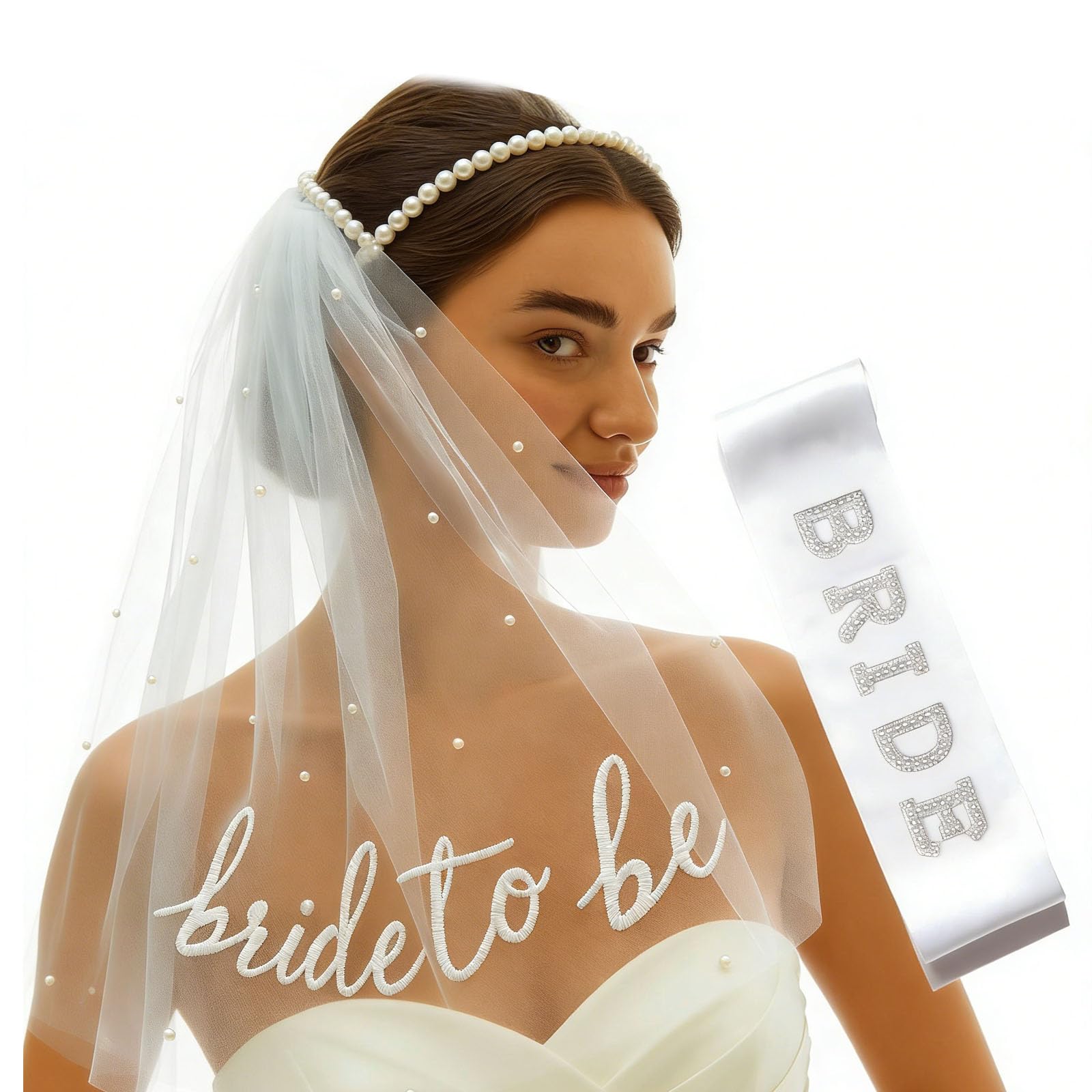 2PCS Bride to Be Veil, Wedding Veil for Hen Party Celebrations, Bridal Shower Decorations, Pearl Embroidery Heat Transfer Design with Adjustable Shoulder Straps, 2-Piece Set for Bachelorette Party Acc