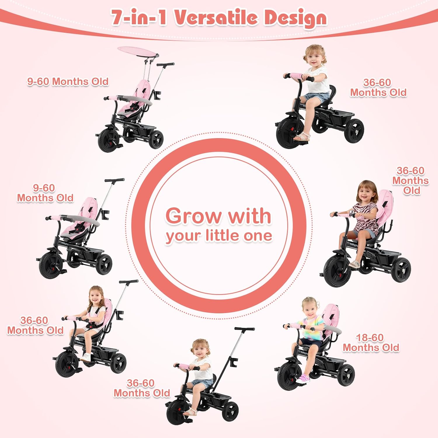 BABY JOY Toddler Tricycle, 7 in 1 Push Trike w/Adjustable Canopy, Parent Push Handle, Seat & Footrests, 5-Point Safety Harness and All-Terrain EVA Wheels, Kids Stroller Bike for 9-60 Months (Pink)