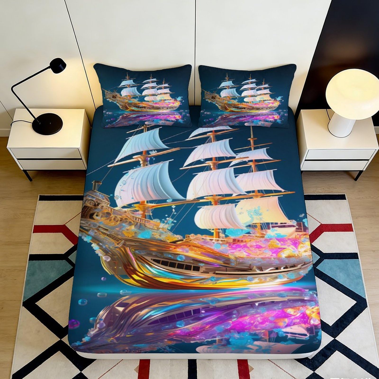 3D Printed Sailing Ship Fitted Sheet Microfiber Bedroom Decor Ocean Waves Mattress Cover for Home Guest Room 90x200x25cm