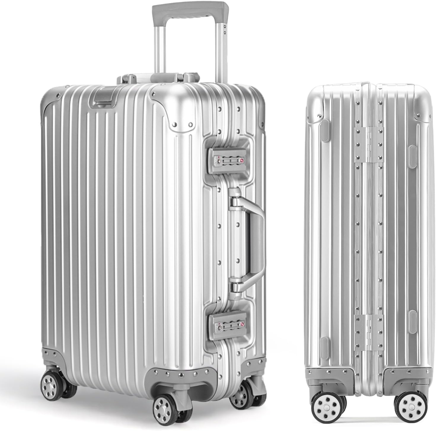 Premium Aluminum-Magnesium Carry On Luggage 20 Inch, 100% Aluminum Hard Shell Suitcase with TSA Lock, Silent Wheels, Durable Hardside Luggage for Travel (Silver)