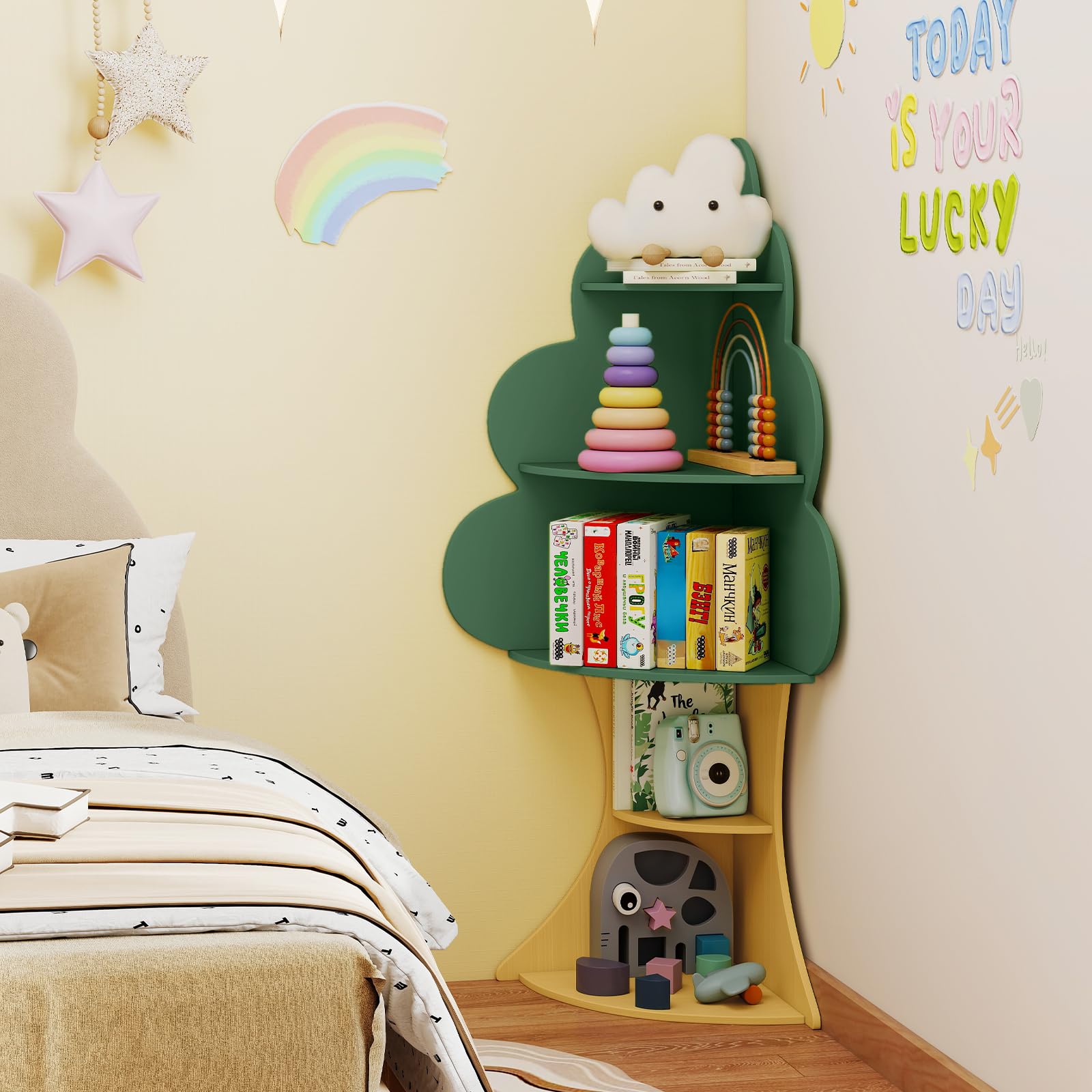 COSTWAY Libreria ad Albero per Bambini, Espositore per Libri a 5 Livelli con Anti-Ribaltamento, Libreria Angolare Salvaspazio per Camera da Letto Sala Giochi Asilo e Aula