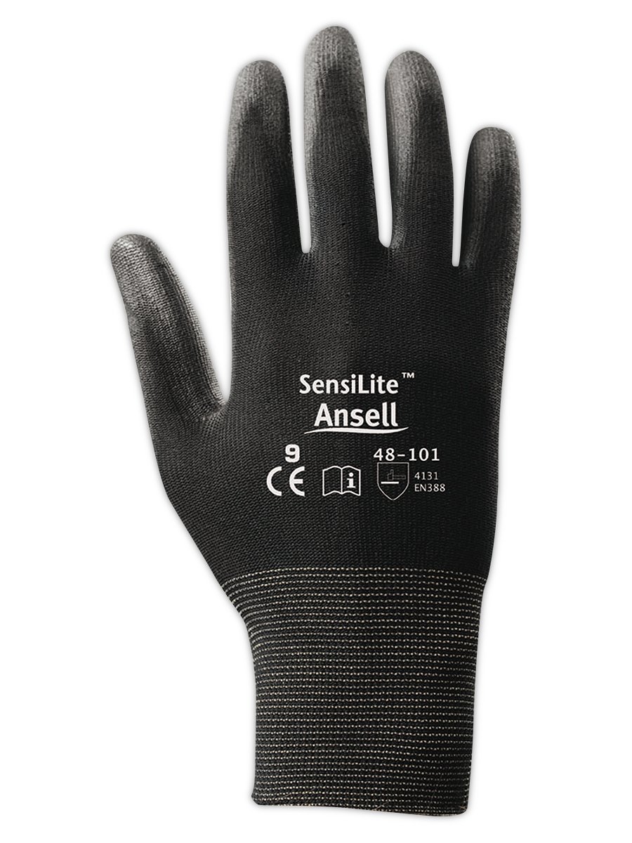 Ansell 48117 SensiLite 4811 Poliuretano Palm revestimiento de nailon guantes, 9 cm de largo, 4,5 de ancho.33 "altura, tamaño 7, Negro (Pack de 12)