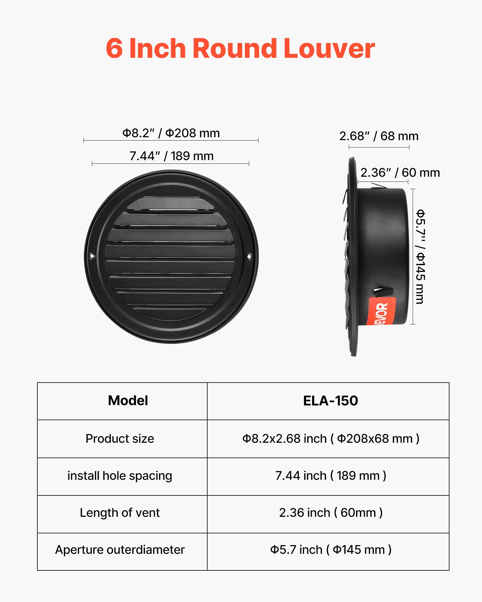 VEVOR 145 mm Wall Vent Cover, Louvered Round AC Vent Gable Cover, Premium Stainless Steel & with Built-in a Protection Screen - Image 2