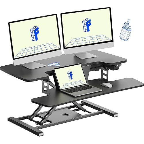 FLEXISPOT 35 inch Electric Standing Desk Converter, Motorized Stand up Desk Riser, Monitor and Laptop Workstation with Wide Keyboard Tray, Black