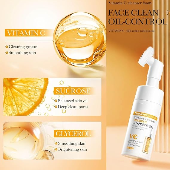 Vitamin C Face Wash - Foaming Facial Cleanser - Extracts Built In Silicone Face Brush, with Vitamin C, Gentle Face Wash for Acne-Prone Skin,Face Cleanser for Women & Men