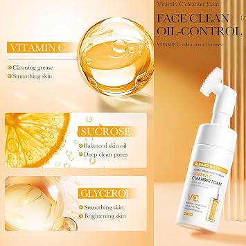 Vitamin C Face Wash - Foaming Facial Cleanser - Extracts Built In Silicone Face Brush, with Vitamin C, Gentle Face Wash for Acne-Prone Skin,Face Cleanser for Women & Men