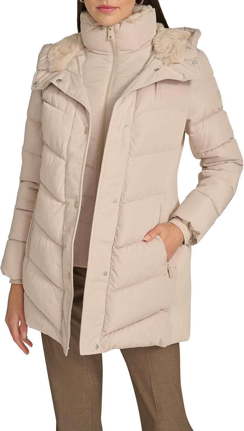 Calvin Klein Women's Casual Hooded Zip Front Puffer Long Sleeve Coat