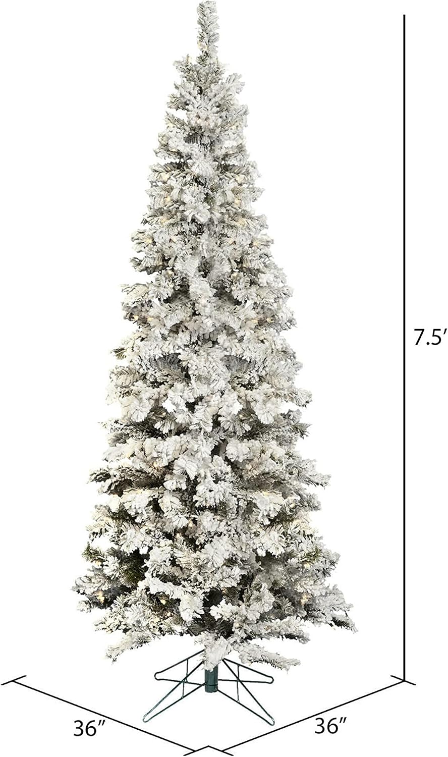 Vickerman 7.5' Flocked Pacific Pencil Artificial Christmas Tree, Pure White LED Lights - Lifelike Indoor Seasonal Home Decor - Maintenance Free Flocked Faux Christmas Tree