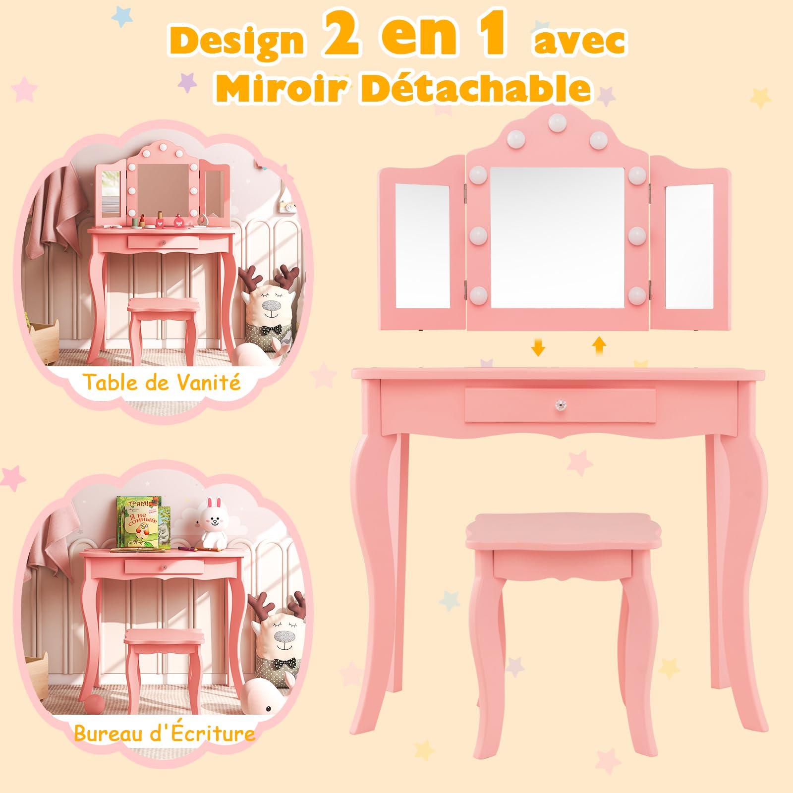 DREAMADE Coiffeuse Enfants Fille avec Tabouret&9 Lumières LED,Table de Maquillage Princesse 3+Ans avec Miroir Amovible&Tiroir&Dispositif Anti-Bascule,Bureau Enfant Charge 50KG(Rose)