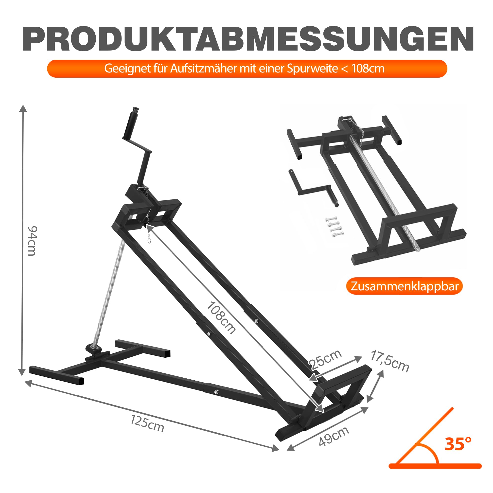Rasentraktorheber, faltbare Schwerlast-Hebebühne aus Stahl für Rasenmäher, 400 kg Hubkraft, teleskopierbarer Wartungswagen mit Griff für manuellen und Elektrowerkzeug-Einsatz (Schwarz)