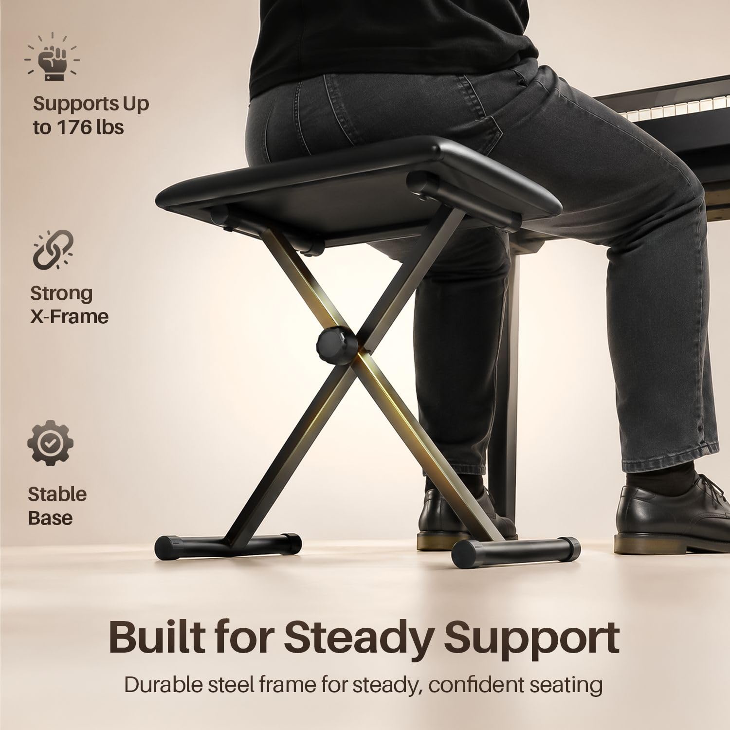 Flexzion Keyboard Hocker, Klavierhocker, klappbarer Klavierstuhl mit rutschfesten Gummifüßen, Klavierbank höhenverstellbar mit gepolstertem Sitz, Hocker und Bänke, für Kinder und Erwachsene, schwarz