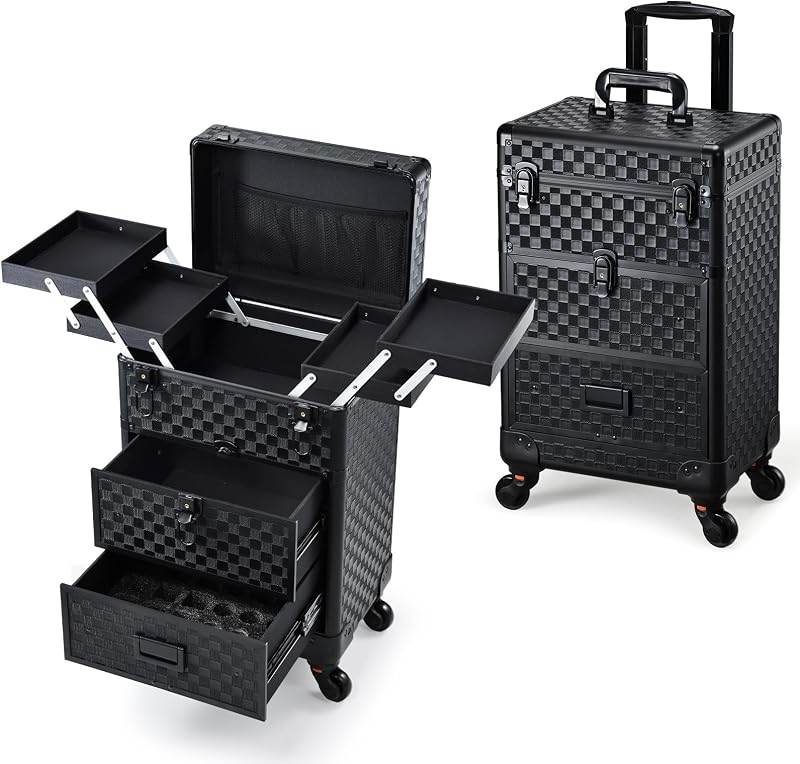 Maleta de maquiagem Stagiant com rodinhas, 2 gavetas, 4 bandejas expansíveis e suporte para pés, preta xadrez, M96G
