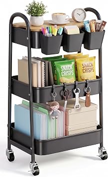 3 Tier Metal Heavy Duty Rolling Cart with Wheels & Wood Table Top, Black