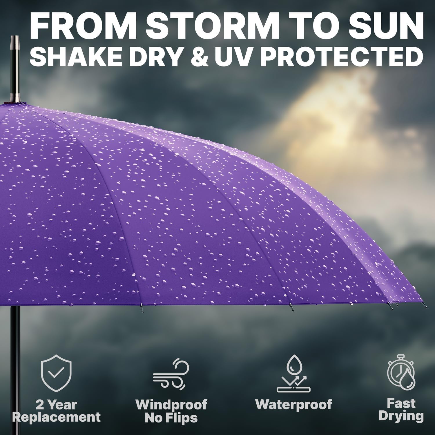 Royal Walk Large Umbrella for 2 Persons - 54 Inch Automatic Open, Windproof, Wind Resistant, Fast Drying, Strong 16 Ribs, Travel 120cm, Purple