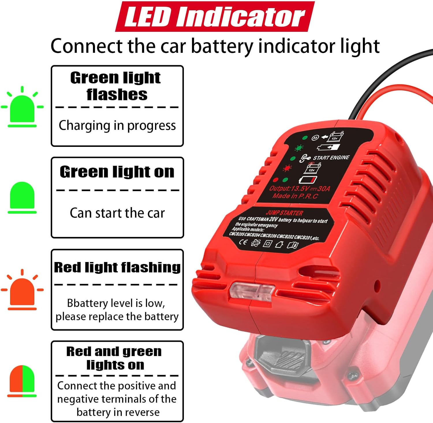 Jump Starter Adapter for Craftsman 20V V20 Battery, 11AWG 30A Auto Booster Cables, Portable Car Jump Starter for Up to 3.5L Engine, 12V Emergency Jump Box Using Power Tool Battery