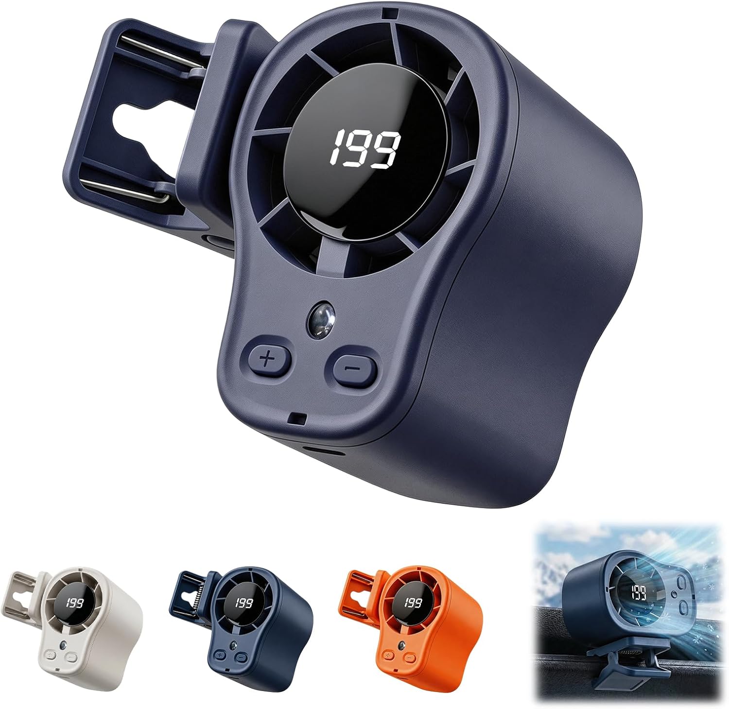 Car Clip on Air Conditioner Fan with LED Display, 360° Rotation, 199 Speeds, Cooling Technology, USB Rechargeable Personal Fan, Hands-Free Clip on Fan for Cars, Work, Camping (Dark Gray)