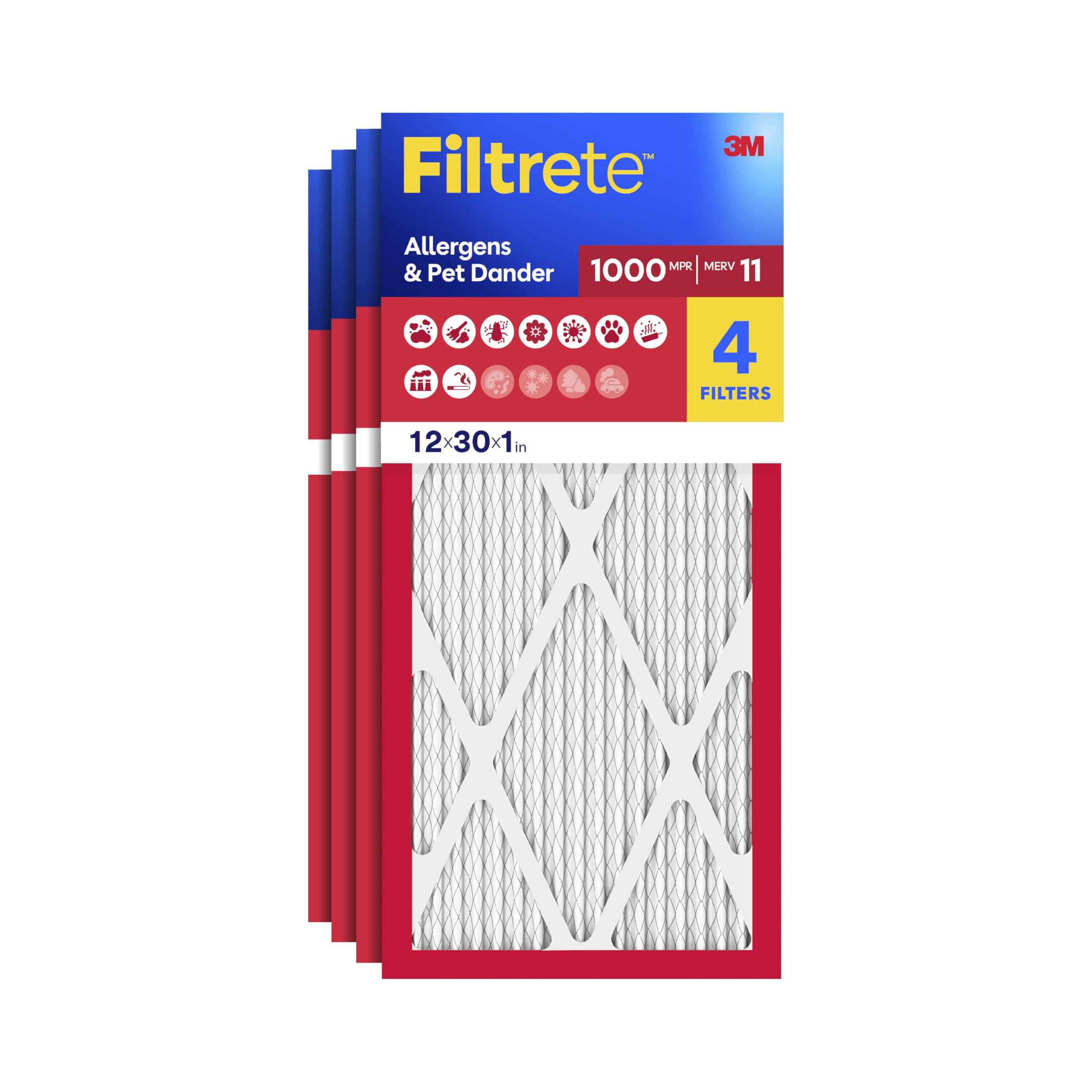 Filtrete 12x30x1 Air Filter, MERV 11, MPR 1000, Allergens &amp; Pet Dander, 3-Month AC and Furnace Filters, Cleaner Air, Reliable Airflow, 4 HVAC Filters (Actual Size 11.81 x 29.81 x 0.81 in)