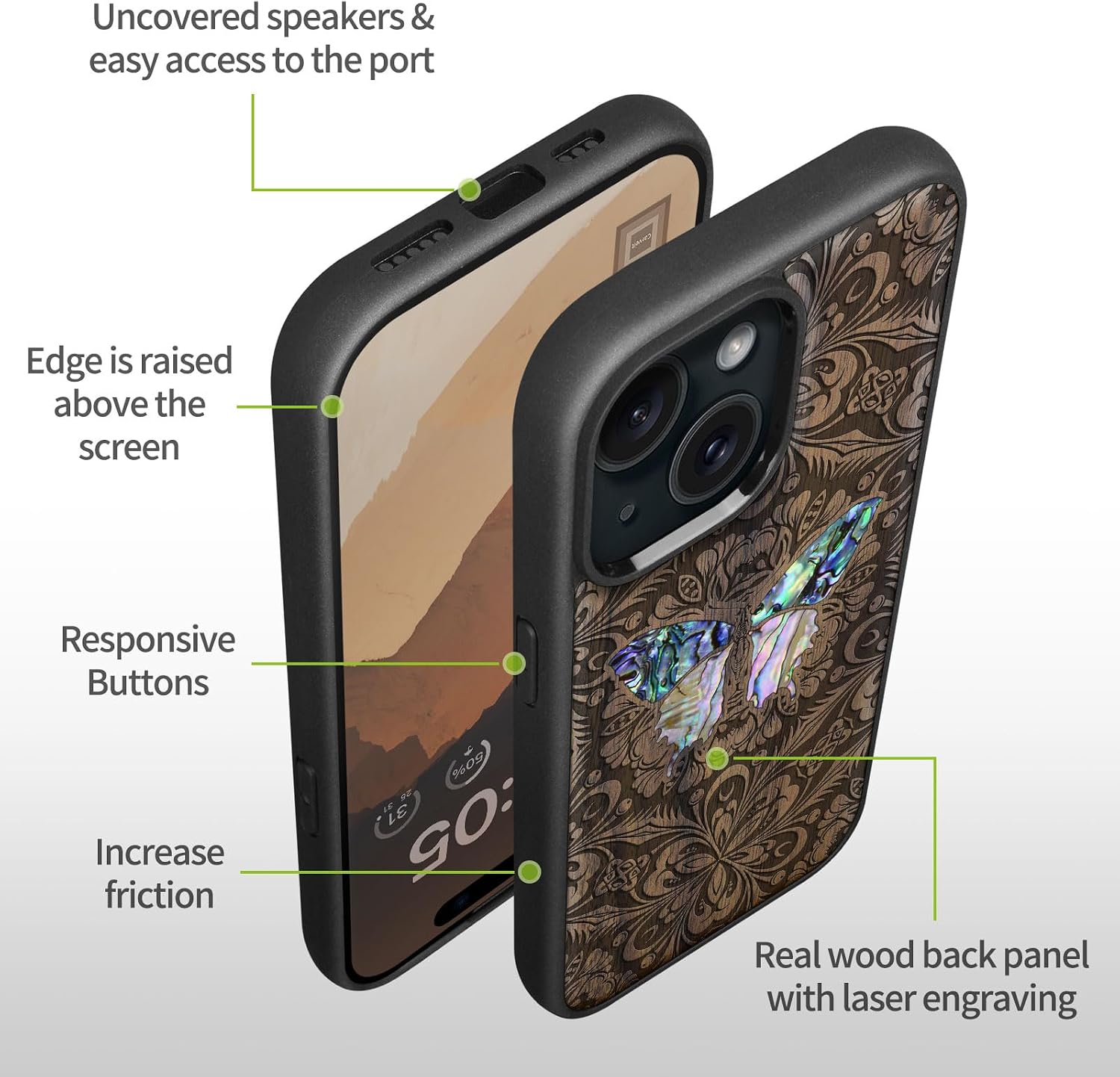 Carveit Wooden Case for iPhone 15 Plus Magnetic Case, Compatible with MagSafe Wireless Chargers, Shockproof Cover, Handmade Shell Inlaid & Wood Artisan Engraved (Baroque Butterfly) Walnut