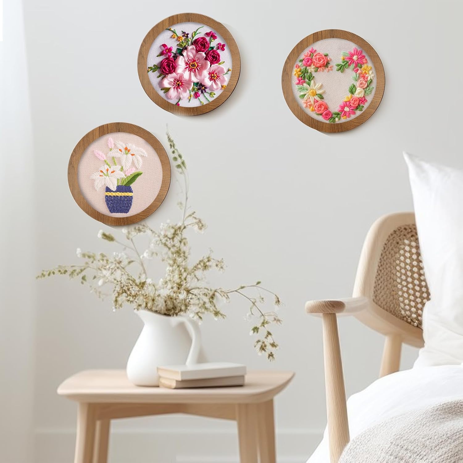 3 Sets 6 Inch Wood Embroidery Hoop Frame with Bamboo Embroidery Hoops, Round Decorative Embroidery Display Frame for Finished Cross Stitch and DIY Art Craft Sewing Ornaments