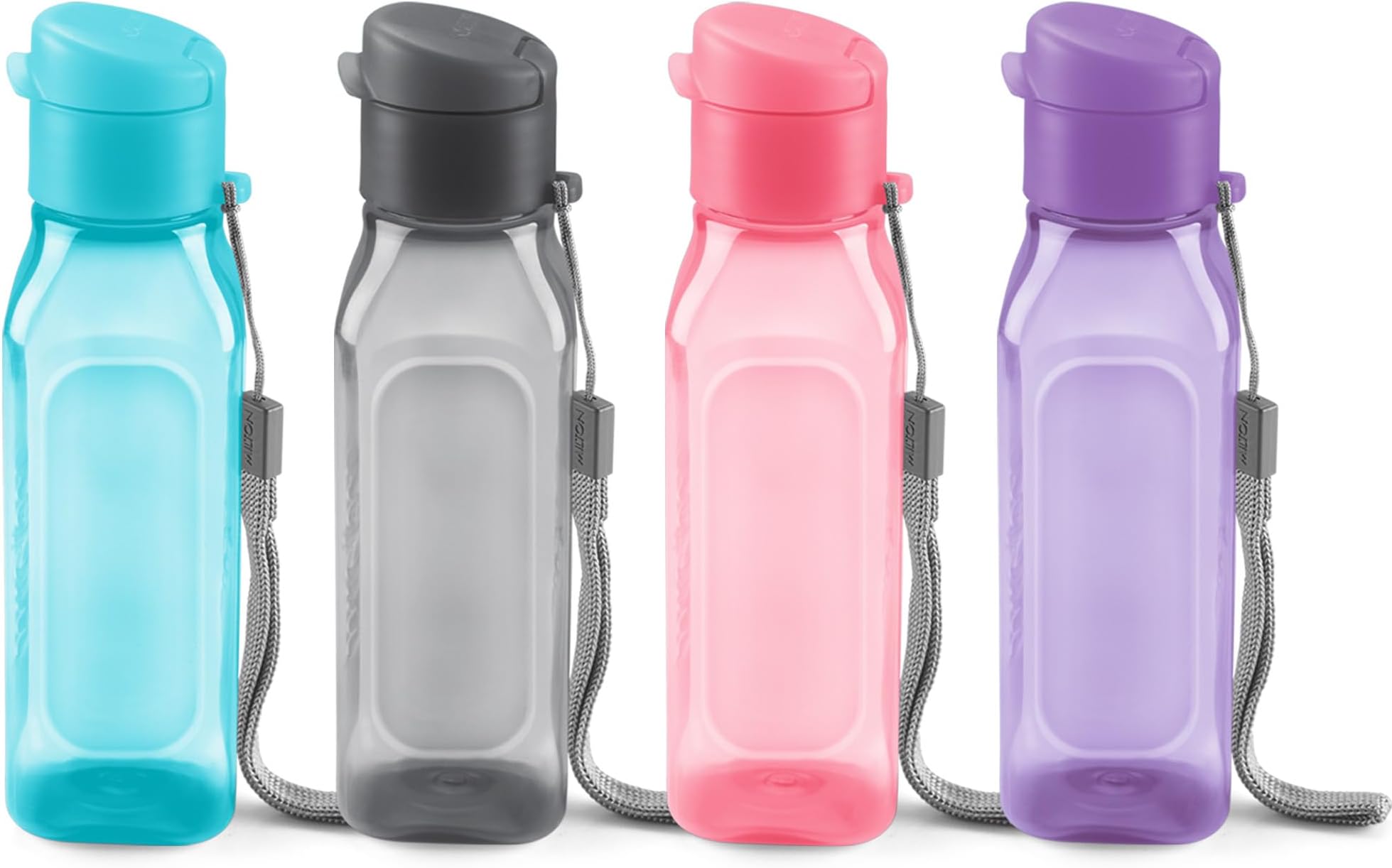 Bulk Water Bottles Set of 4 – 10oz Multicolor Square Reusable BPA-Free Plastic Bottles for Kids and Adults – Leak Proof with Carry Strap – Dishwasher-Safe