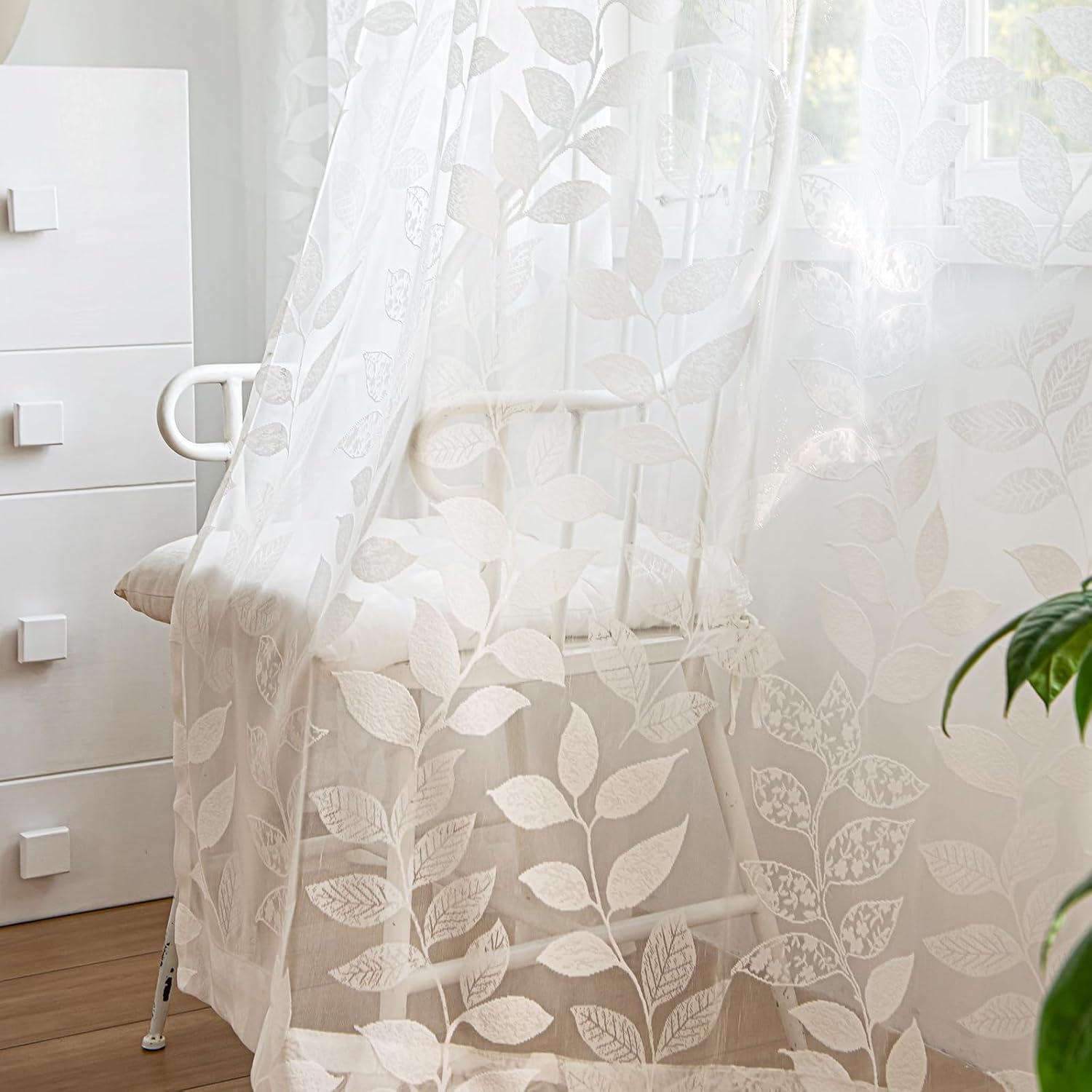Treatmentex Lace White Sheer Curtains for Bedroom 95 inch Long Country Chic Rose Floral Embroidered Sheer Curtain Panels for Living-Room Leaf Window Drapes 54" w 1 Pair Rod Pocket 96 8ft