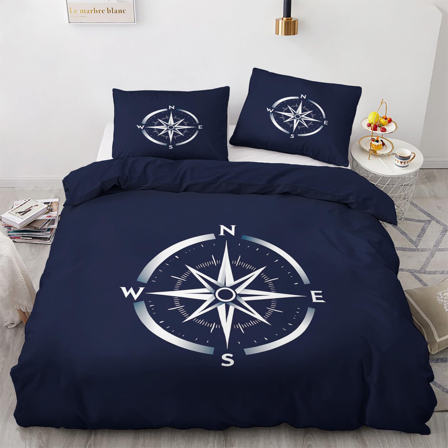 Housse de Couette 240 x 260 Nautique - Decoration Nautique, Parure de Lit 2 Personnes Boussole Bleu Marine, Linge de Lit en Microfibre Douce avec Fermeture éclair, 2 Taies d'oreiller 65x65 cm J#&270