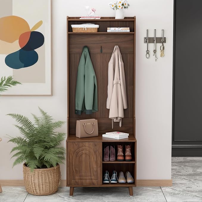 71" Hall Tree with Bench and Shoe Storage, 4-in-1 Entryway Bench with Coat Rack, Narrow Hall Tree with Adjustable Shelf, 3 Hanging Hooks and Sliding Door for Mudroom, Hallway, Living Room (Brown)