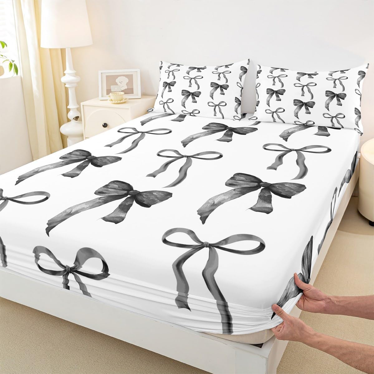 Erosebridal White Black Bow Fitted Sheet Full Size Simple Bowknot Bed Sheets Cute Dreamy Preppy Bow Bedding Set Coquette Aesthetic Bowtie Sheets