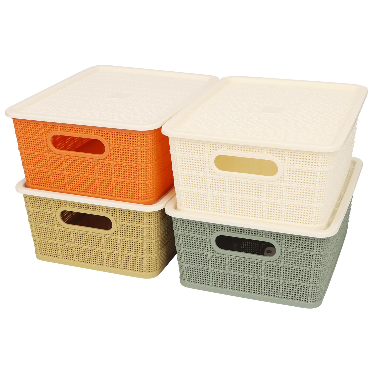 OWillStorage Baskets for Shelves, 4 Pcs Small Storage Bins with Lids Stackable Organization Basket, Plastic Craft Toys Bins with Lid for Classroom Playroom Bath Room