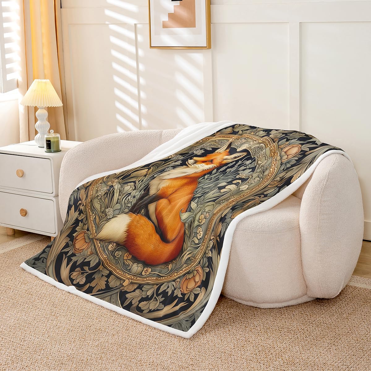 Homewish Rustikal Decke 150x200cm Fuchs Fleecedecke für Kinder Jugendliche,Teens Männer Frauen Wald Bauernhaus Tiere Muster Kuscheldecke Ring Schwarz Grün Braun Bett Sofa Couch Dekorative Decken