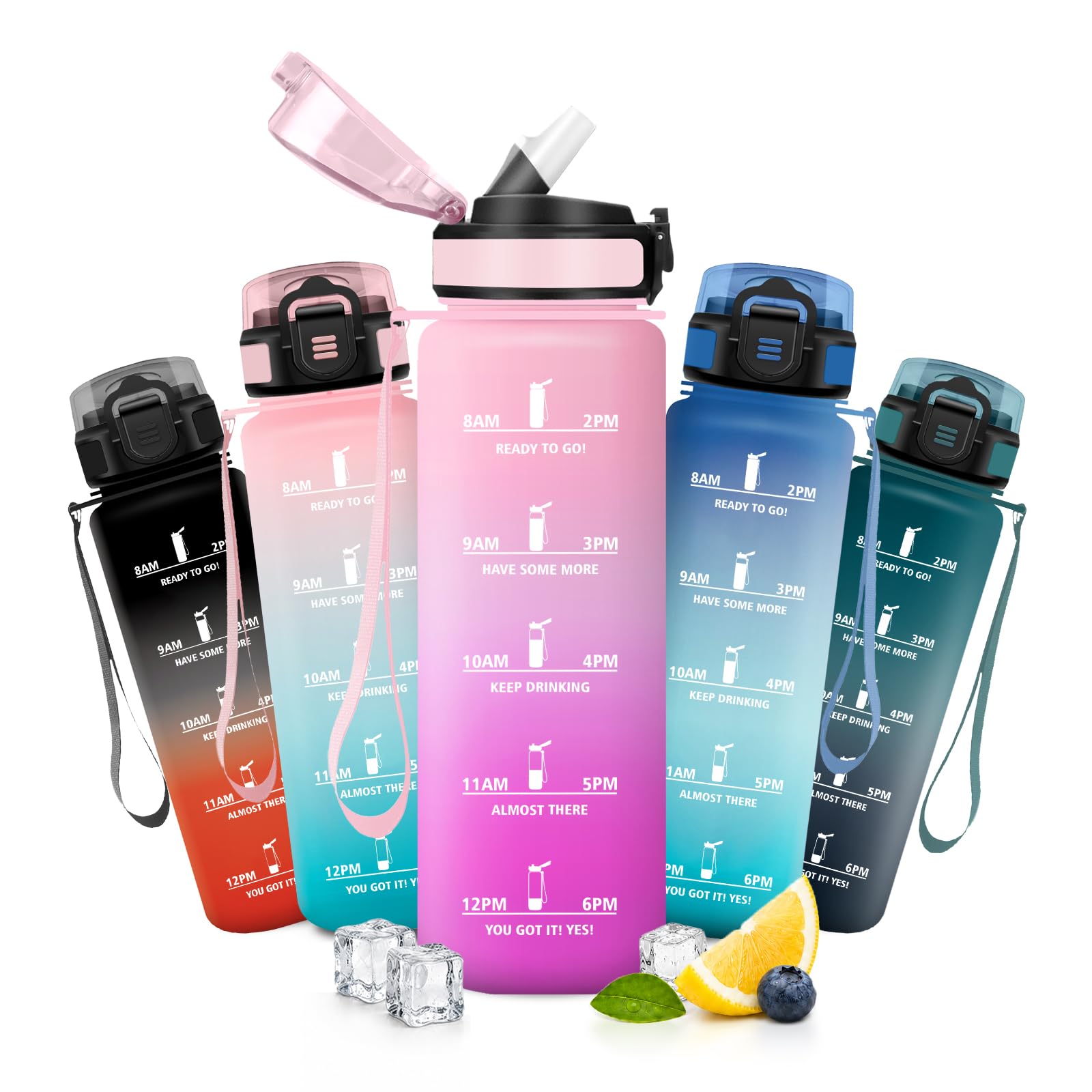 JAPORIA 1L Water Bottle, Motivational Water Bottle, Drinking Bottle with Straw, BPA Free, Reusable, Leak-Proof, Water Bottles for Travel, Gym, Sports