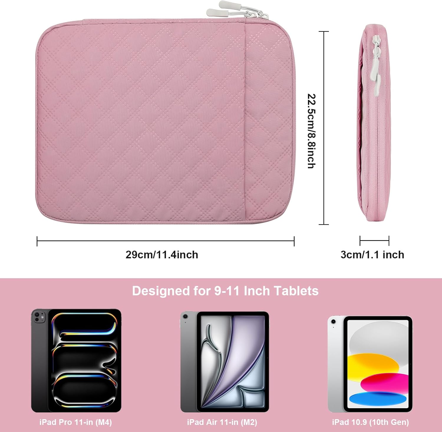 9-11 Inch Tablet Sleeve Pouch, Padded Case Bag for iPad Pro 11-in (M4), iPad 10.9 (10th Gen), iPad Air 11-in (M2), Galaxy Tab S9/S8 (Pink, 9-11 Inch) - Image 2