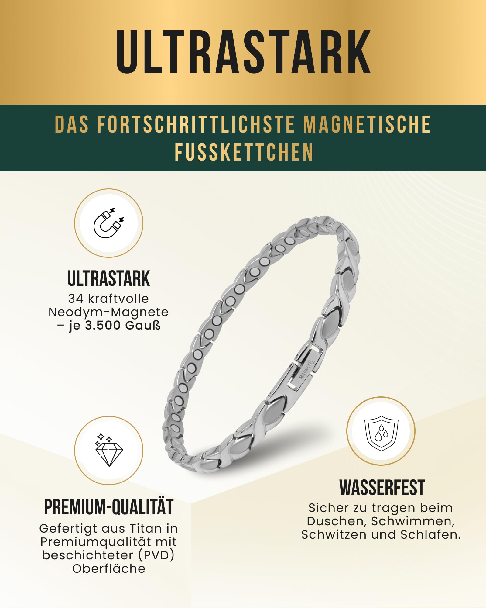MagnetRX Ultrastarke Magnet Fusskette für Damen Titan Silber
