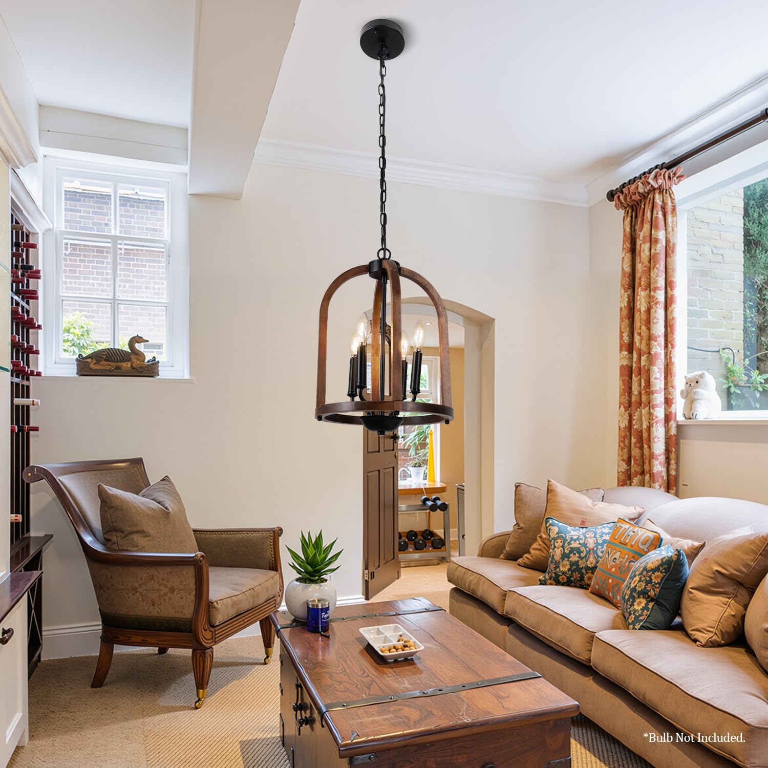 Farmhouse Wood Chandelier, 4-Light Light Fixtures, 12.6” Brown Wood Chandeliers for Dining Room, Hanging Pendant Chandeliers with Candle Style E12 Base for Living Room Kitchen Island Bedroom Foyer