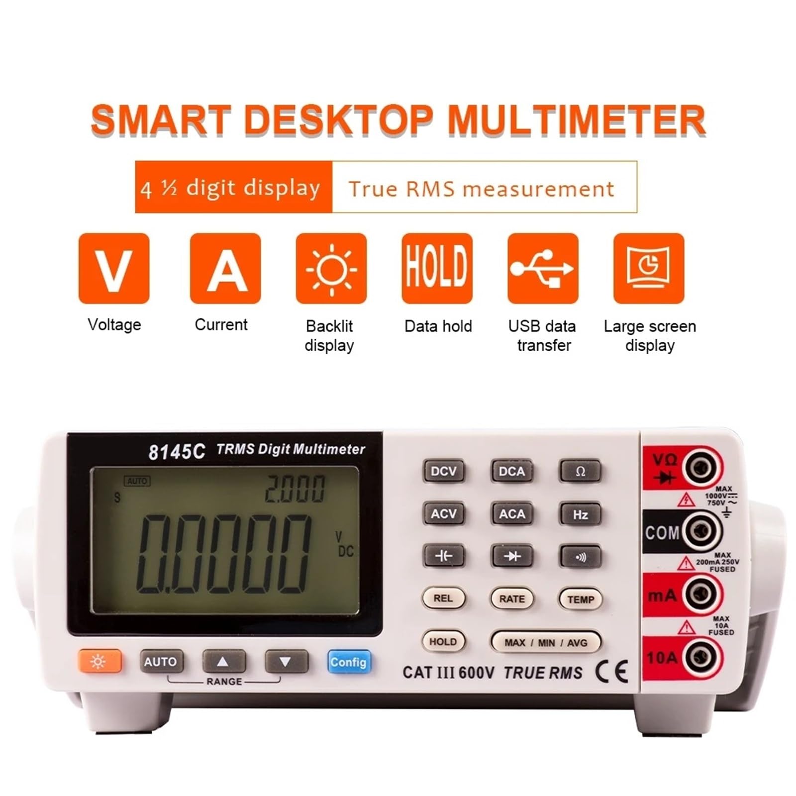 Medidor LCR Multímetro digital 8145C de sobremesa, 22 000 cuentas, RMS verdadero, 1000 V, 10 A, comprobador voltios, amperios, ohmios, capacitancia y Hz