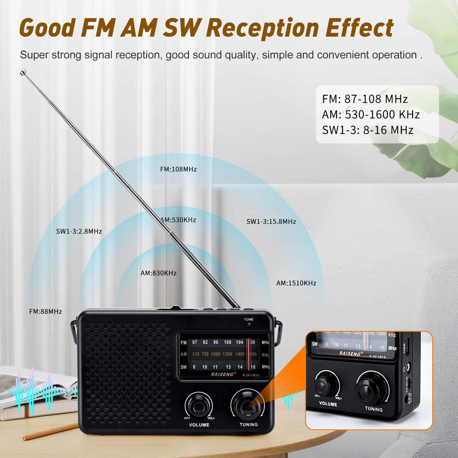 Radio portátil con Bluetooth y energía Solar - Radio Recargable FM/Am/SW, Reproducción USB/TF, Sonido Hi-Fi, Tamaño de Bolsillo para el Aire Libre, Viajes, Uso doméstico (Negro)