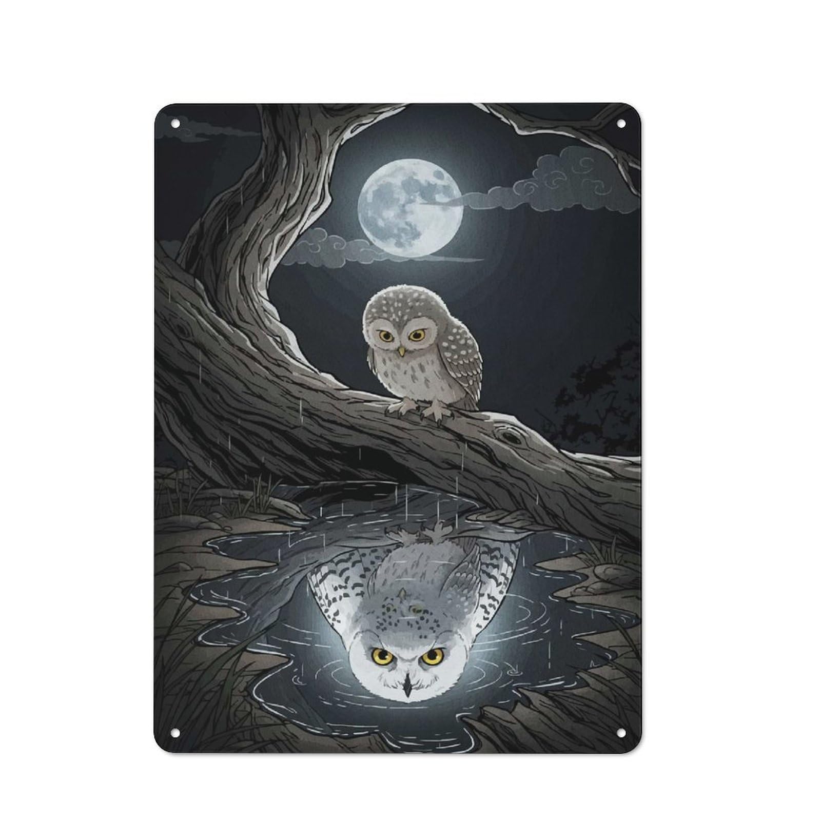 Junmoney Owl Reflection Moonlight Garage Metal Sign 40X30cm, Retro Workshop Wall Decor For Tool Room, Garage, Studio Or Home Bar