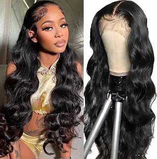 13x4 Body Wave Lace Front Wig Human Hair Pre Plucked 180% Density HD Transparent Lace 18 Inch Natural Black for Women