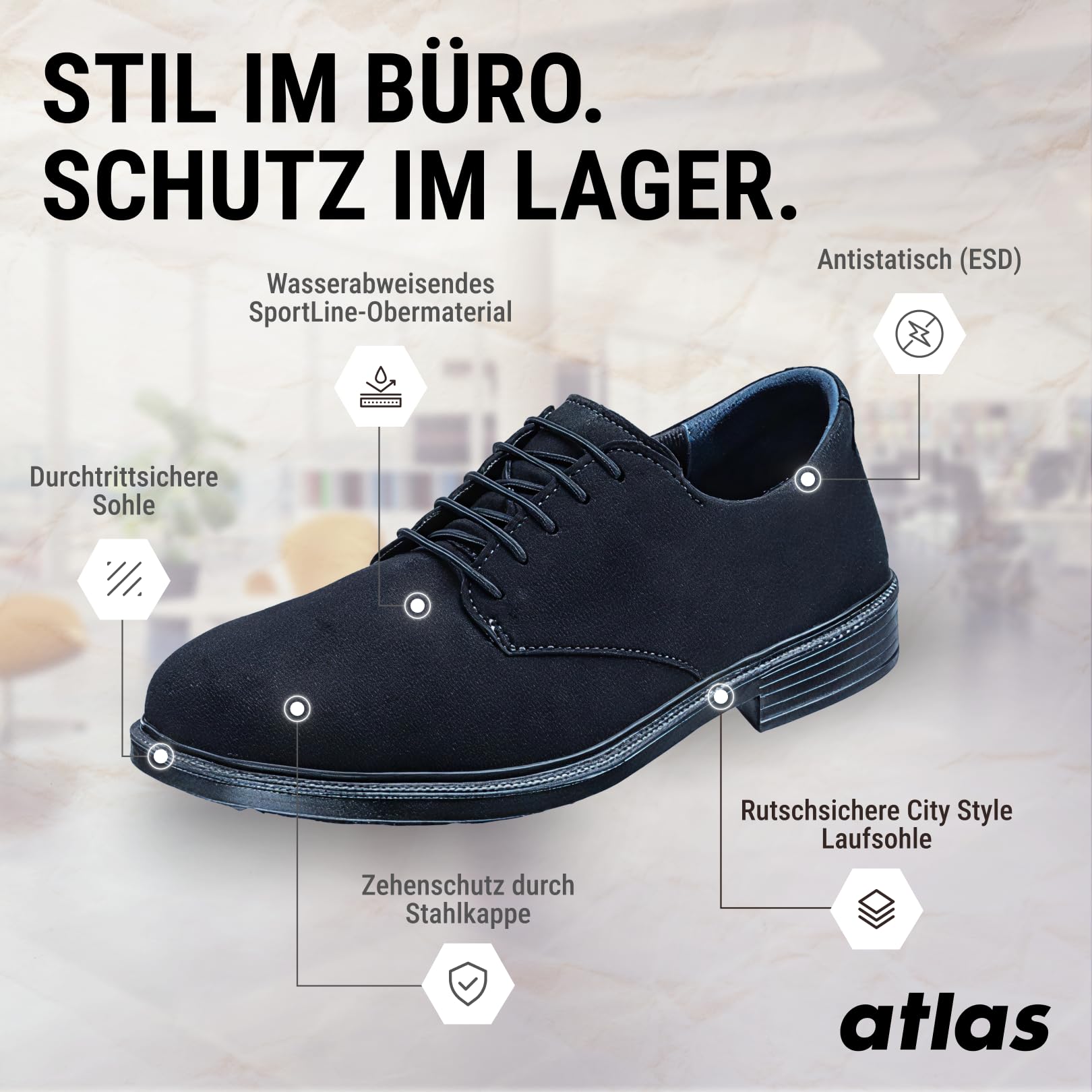 Atlas Office CX 50 S1 - Zapatos de Seguridad, Color Negro