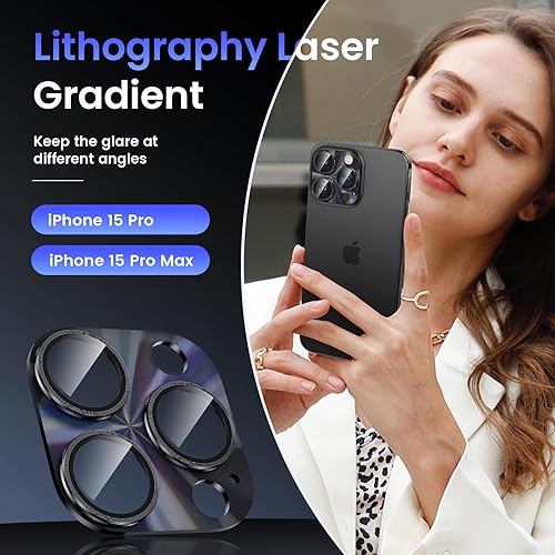 Miniatura 2 de Tensea Protector de lente de cámara para iPhone 15 Pro y iPhone 15 Pro Max, protector de pantalla de vidrio templado 9H, protector de anillo de