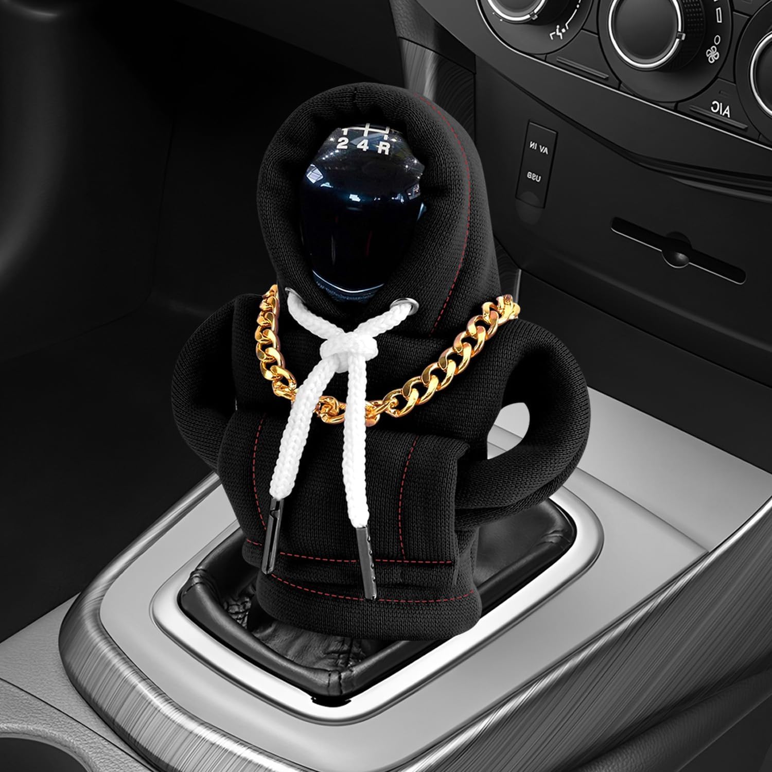 Gear Shift Knob Cover with Necklace, Universal Fit Hoodie Car Gear Shift Cover, Funny Automotive Interior Accessories, All Season Soft Fabric Shift Protector (Black)