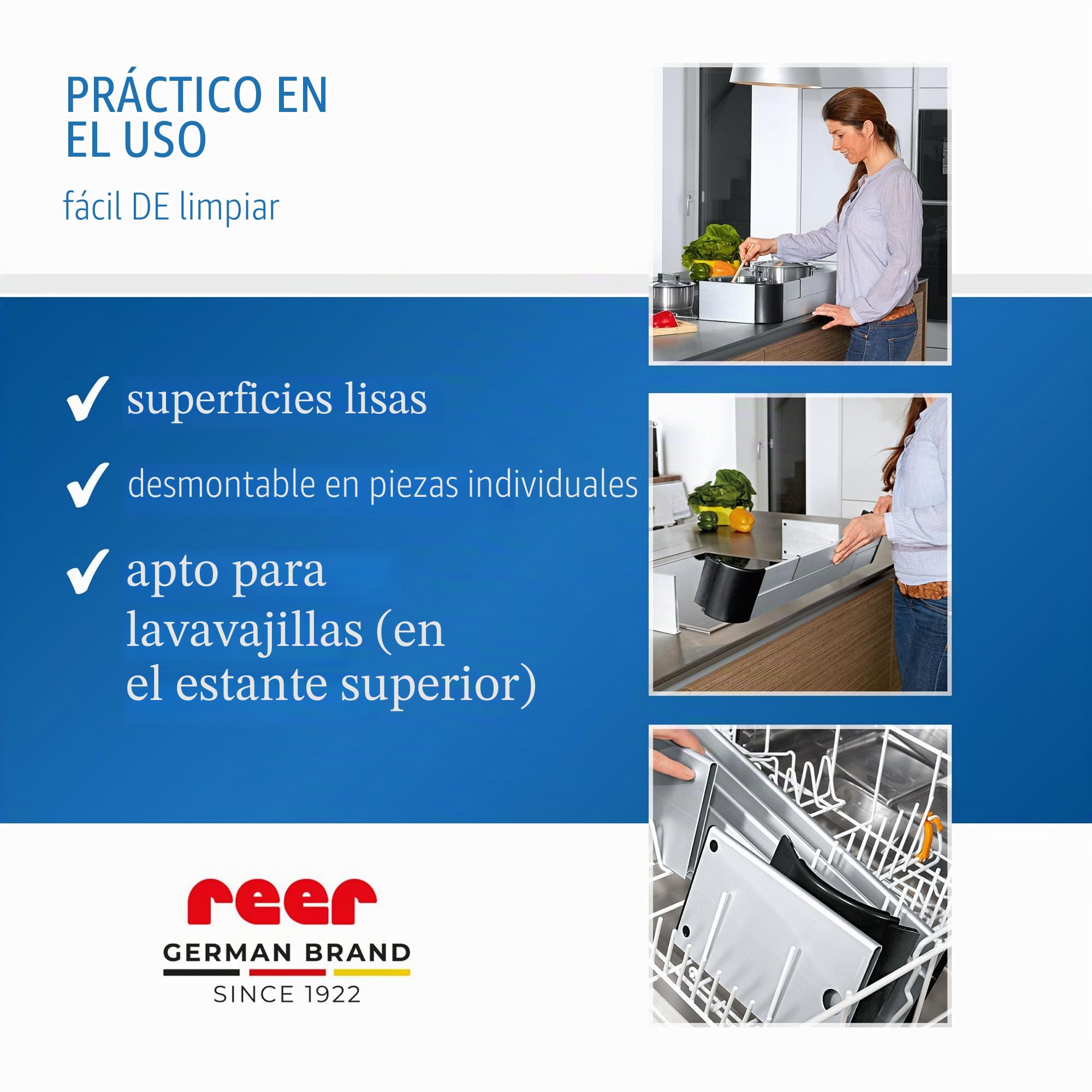 Reer Rejilla protectora para cocina Premium XL para pegar, tamaño ajustable 57-90 cm, para inducción y cocina de gas, color plateado